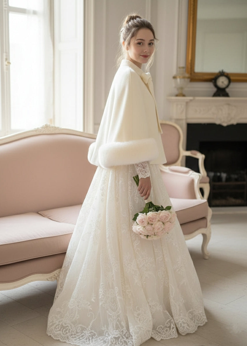 Ivory Cream Bridal Cape with Faux Fur Trim (Amanda Ivy06