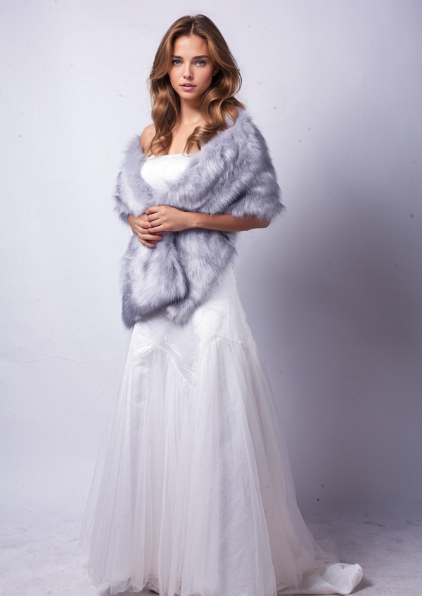 Grey Bridal Winter Wedding Faux Fur Shawl (Lilian Gry03)