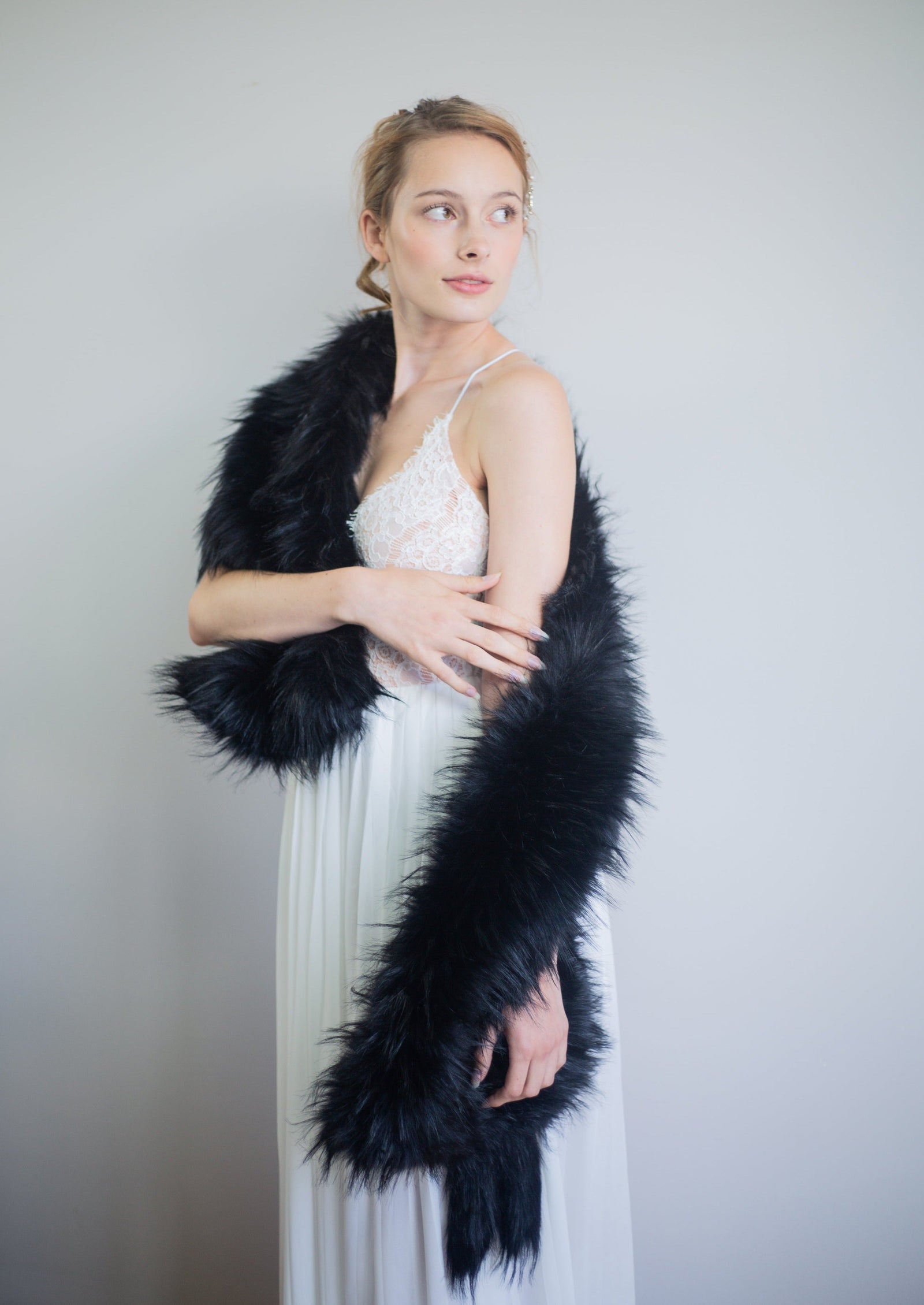 Black Wedding / Bridal Faux Fur Shawl (Lilian Blk03) Small