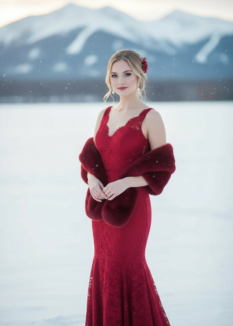 Red Bridal Fur Shawl with Fleece Lining (Audrey Red05) Medium Red Bridal Fur Shawl with Fleece Lining (Audrey Red05) Medium