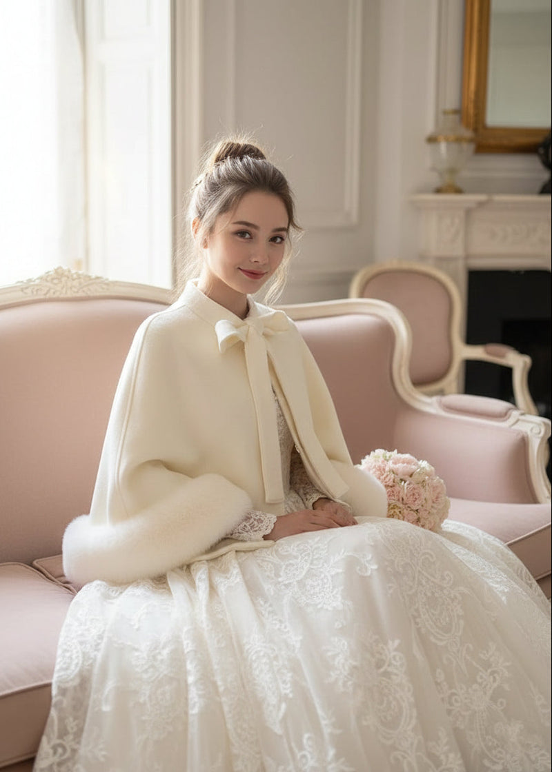 Ivory Bridal Cape with Faux Fur Trim (Amanda Wht01) Small / White