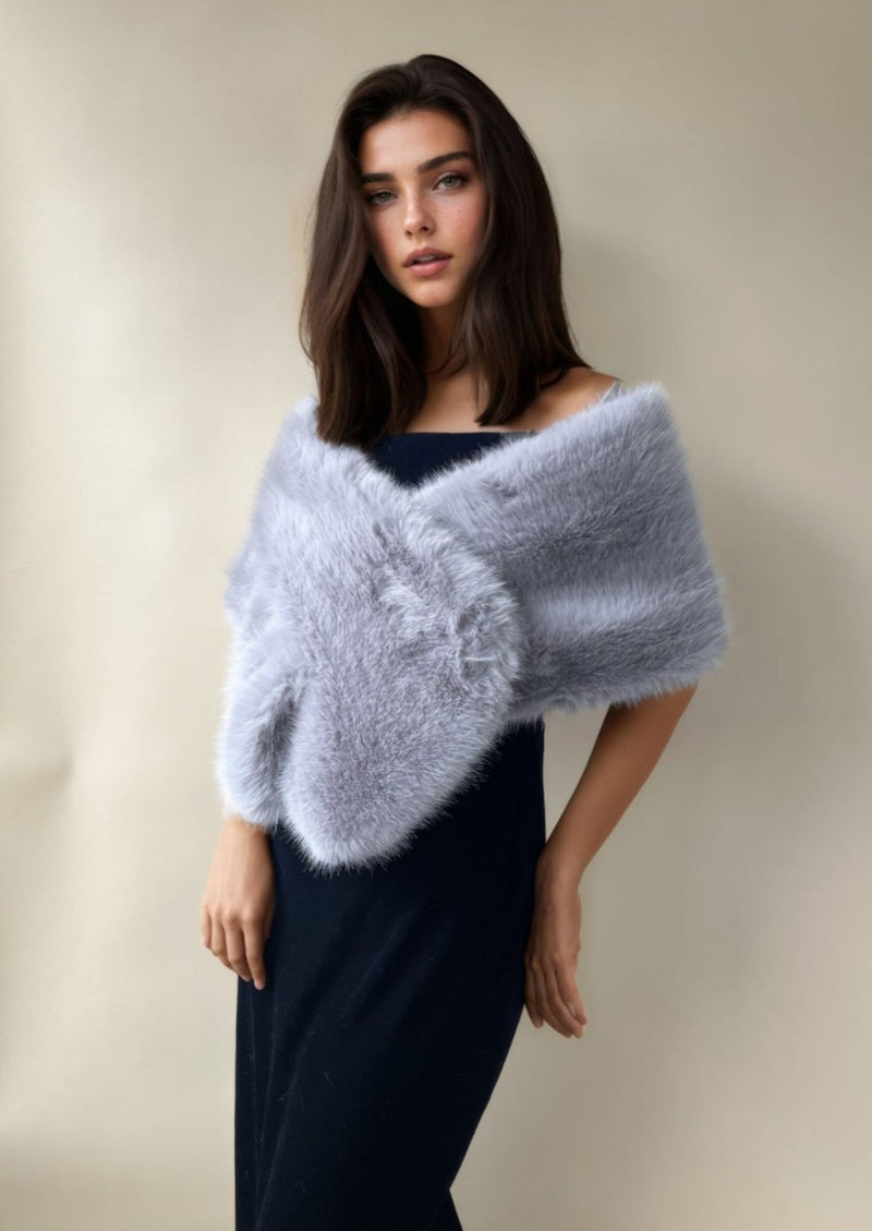 Soft Grey Faux Fur Shawl / Wrap with hooks and eyes (Lilian Gry07)