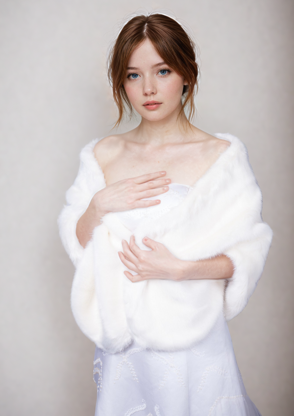 Light Ivory Bridal Fur Shawl with Fleece Lining (Butterfly Ivy07)