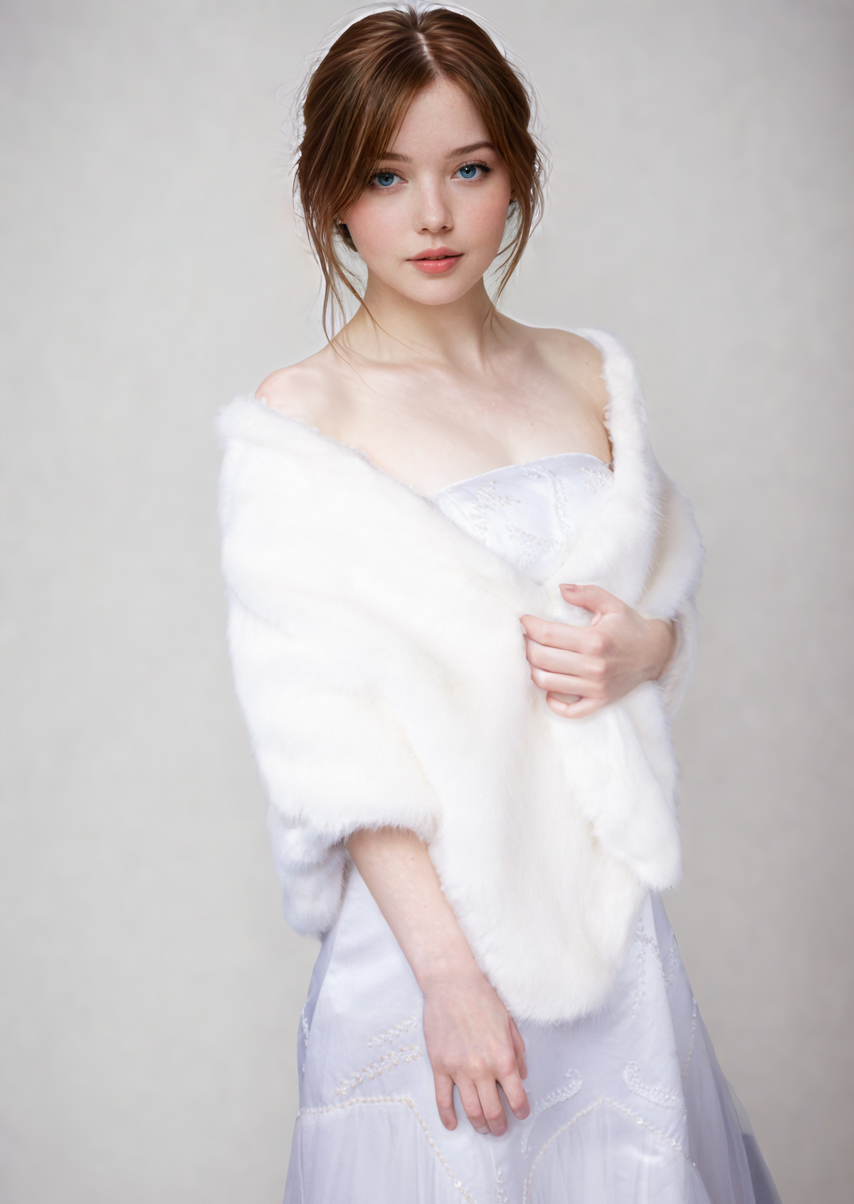 Light Ivory Bridal Fur Shawl with Fleece Lining (Butterfly Ivy07 