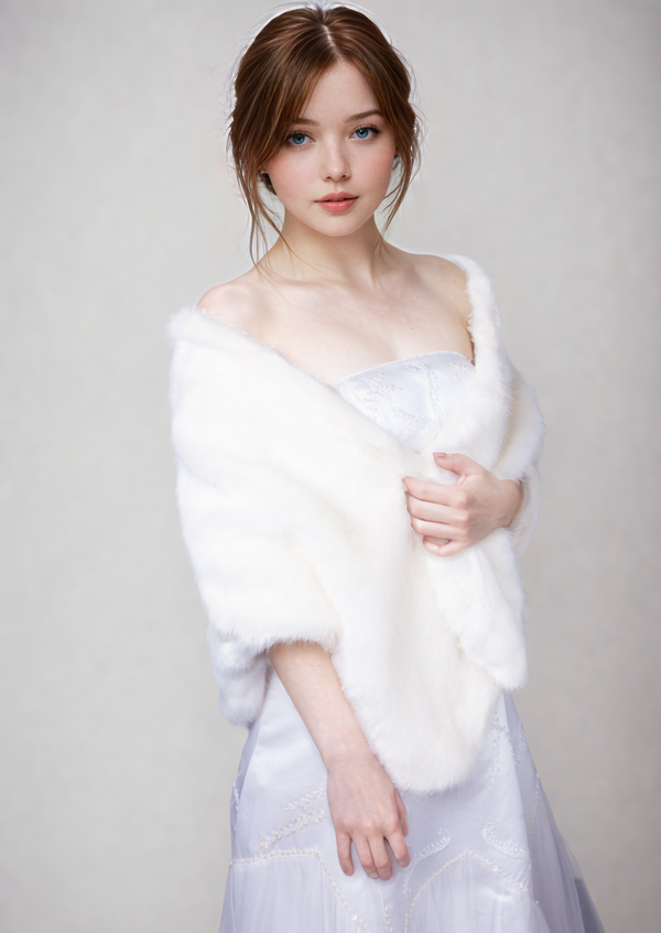 Light Ivory Bridal Fur Shawl with Fleece Lining (Butterfly Ivy07)