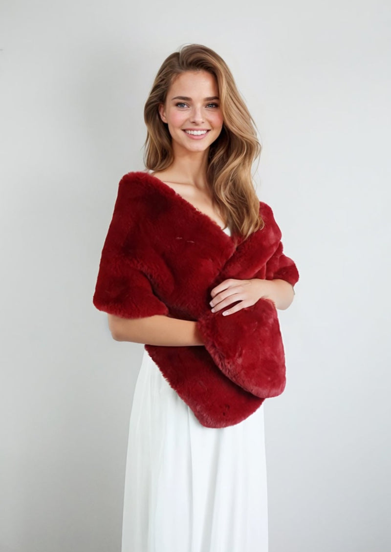 Red Bridal Fur Shawl with Fleece Lining (Audrey Red05)