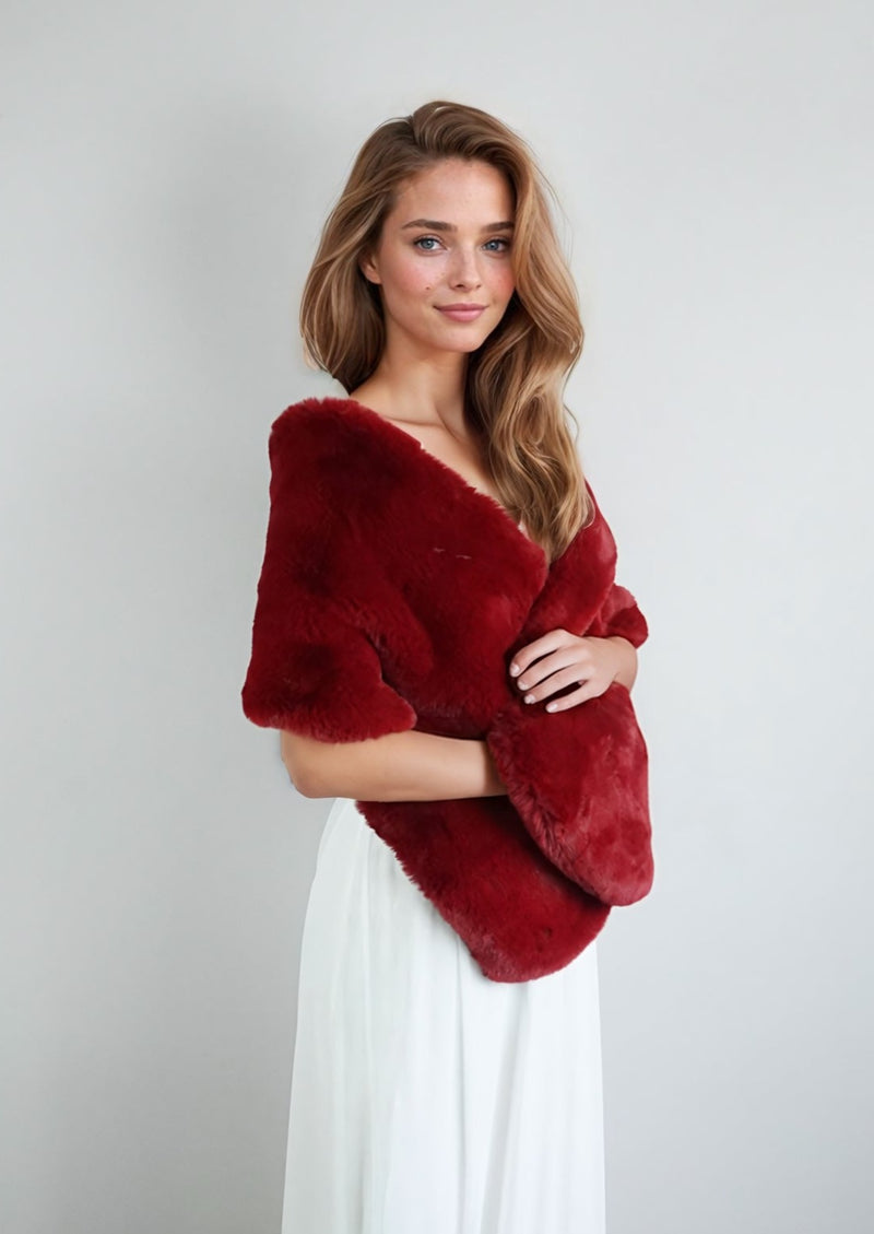 Red Bridal Fur Shawl with Fleece Lining (Audrey Red05)