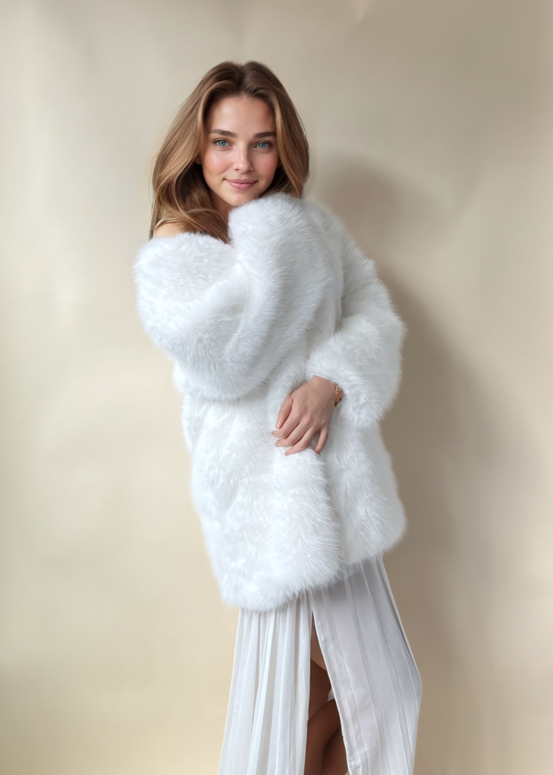 Ivory Faux Fur Oversized Bridal Jacket (Olivia Ivy07)