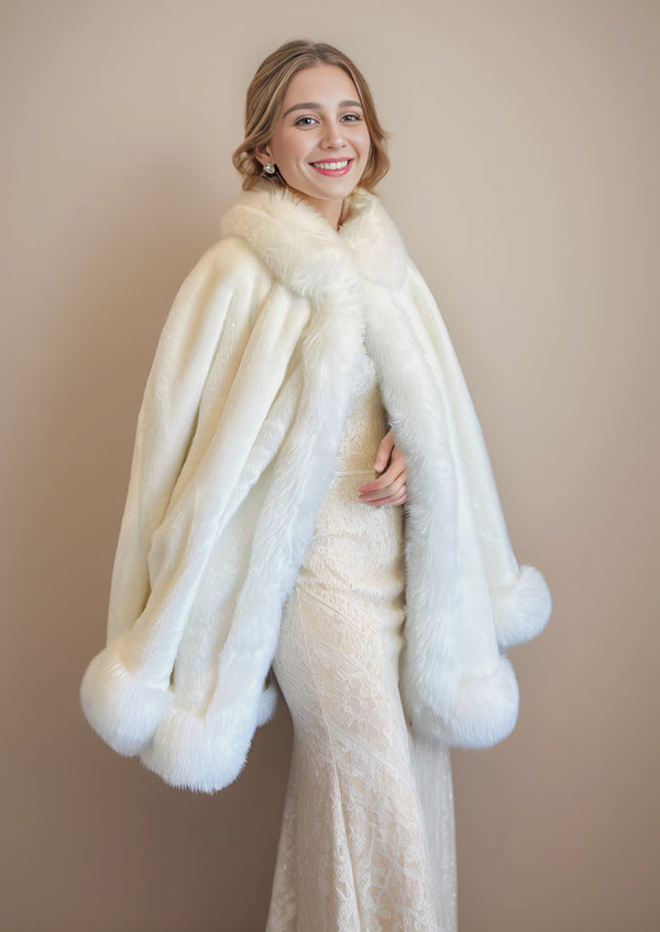 Super Warm Ivory White Faux Fur Cape (SJuliet Wht01)