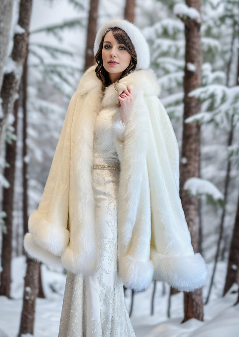 Super Warm Ivory White Faux Fur Cape (SJuliet Wht01)