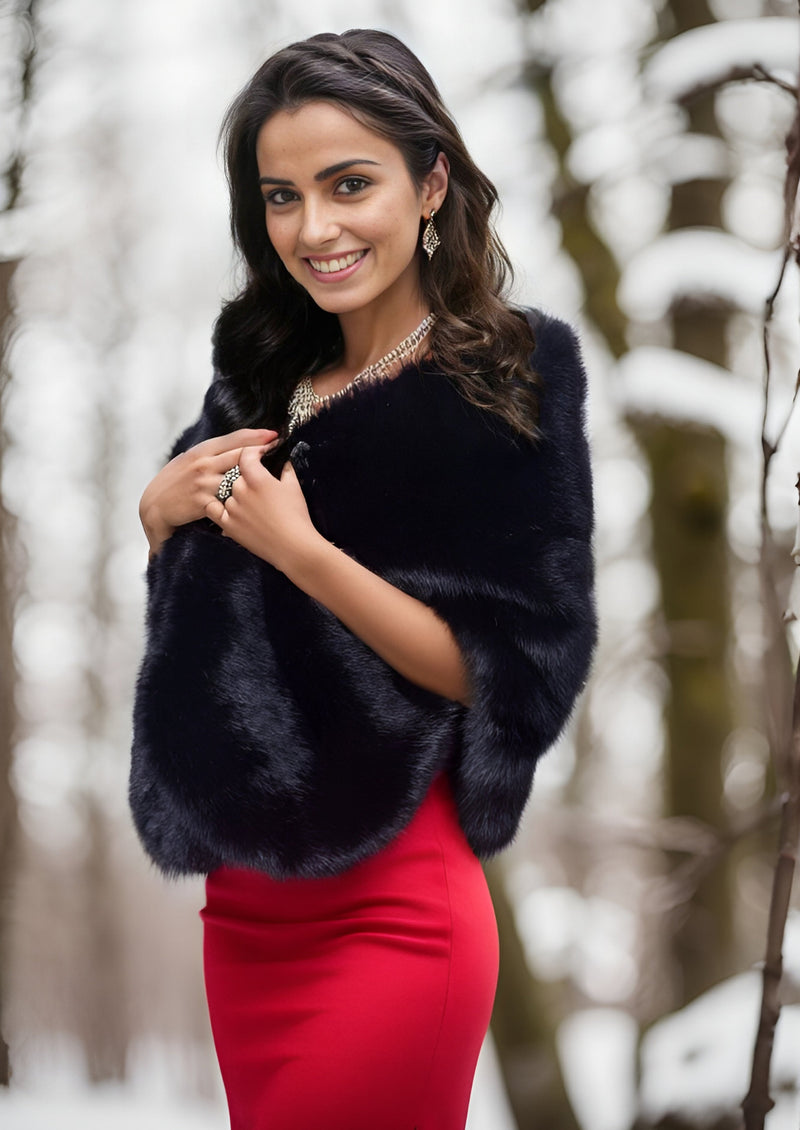 black fur shawl for dress FlyGulls Women's Black Faux Fur Shawl