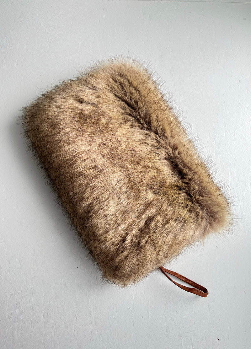 Brown Faux Fur Muff with phone pocket and handle