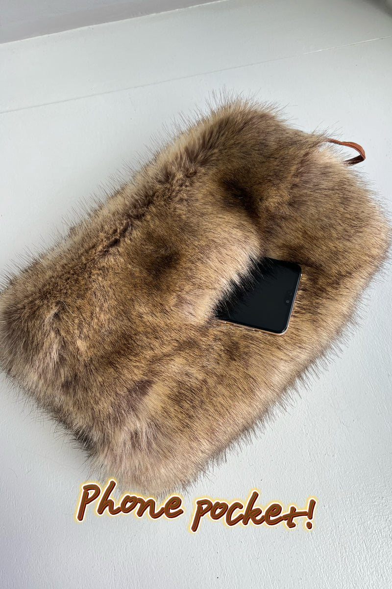 Brown Faux Fur Muff with phone pocket and handle