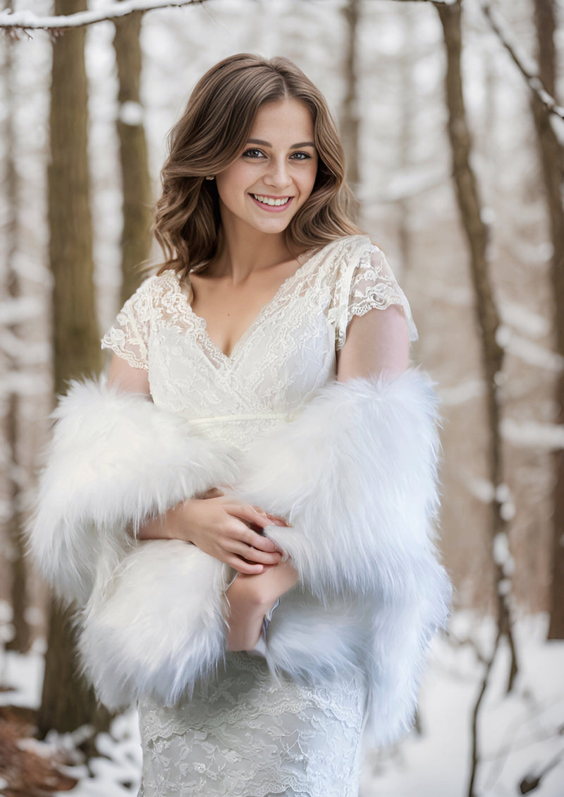 Pure White Bridal Faux Fur Shawl (Butterfly PWht02) L
