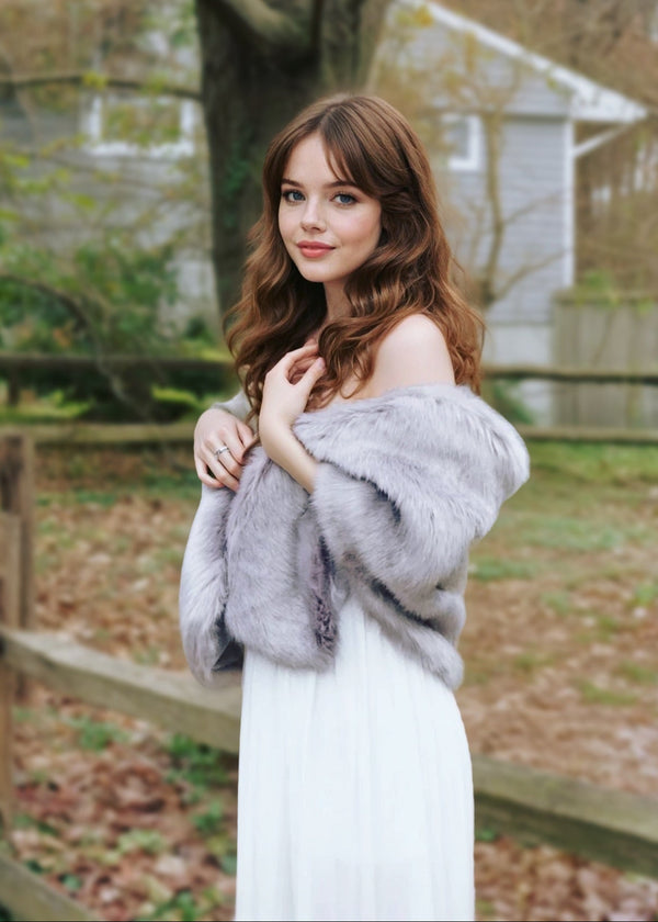 Grey Faux Fur Shawl with hooks and eye (Butterly Gry07)