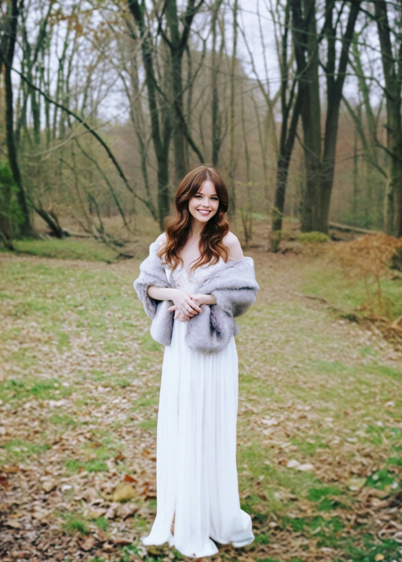 Grey Faux Fur Shawl with hooks and eye (Butterly Gry07)