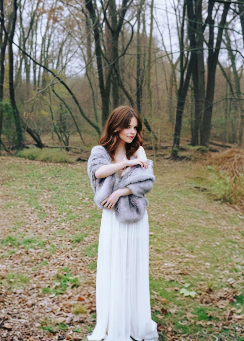Grey Faux Fur Shawl with hooks and eye (Butterly Gry07)