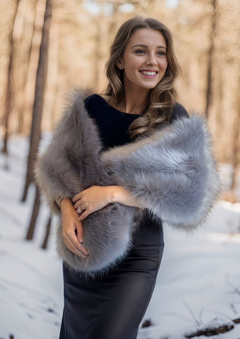 Gray Bridal Winter Wedding Fur Shawl (Lilian Gry03) Sissily Designs Gray Bridal Winter Wedding Fur Shawl (Lilian Gry03) Sissily Designs