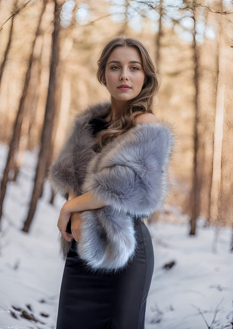 Gray Bridal Winter Wedding Fur Shawl (Lilian Gry03)