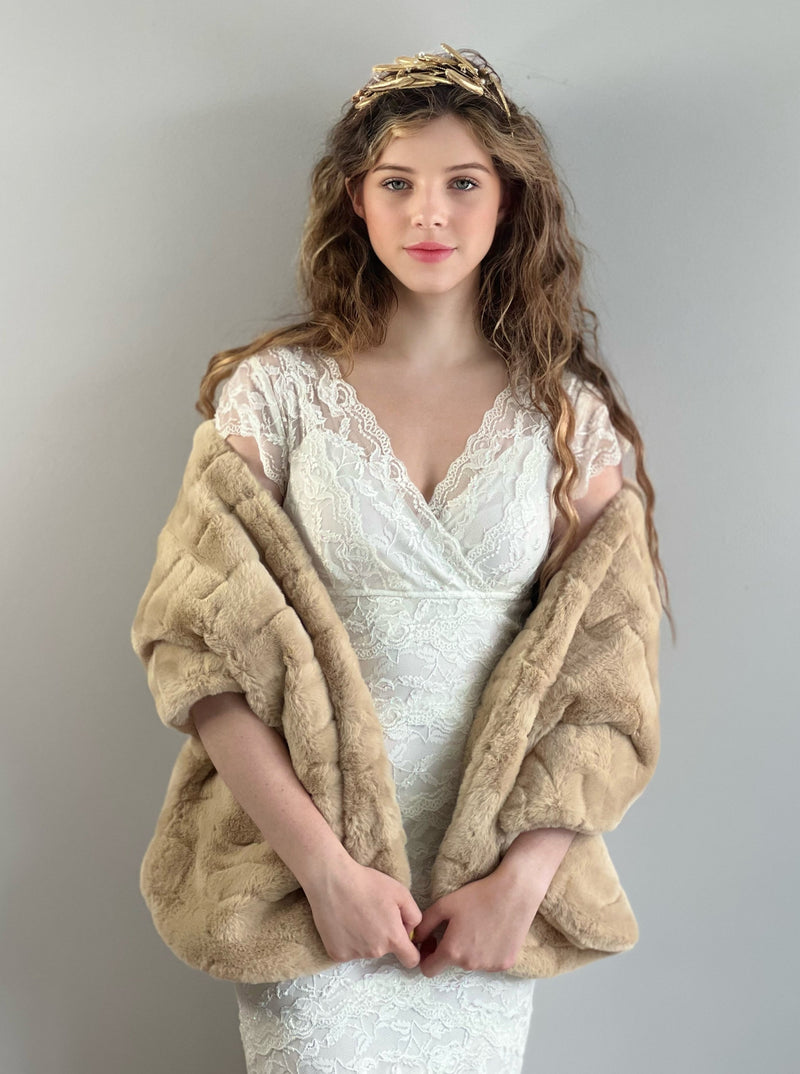 Light Beige / Ivory Double Side Fur Shawl (Jenny Ivy04)