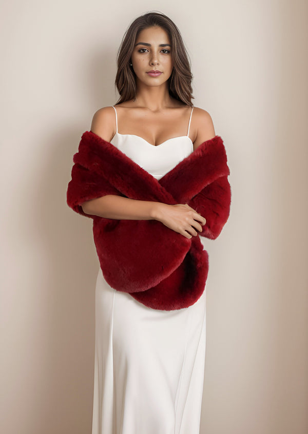 Red Bridal Fur Shawl with Fleece Lining (Audrey Red05)