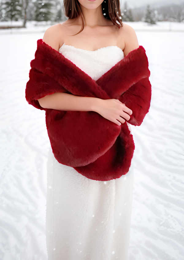 Red Bridal Fur Shawl with Fleece Lining (Audrey Red05)
