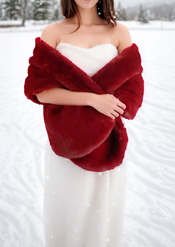 Red Bridal Fur Shawl with Fleece Lining (Audrey Win05)