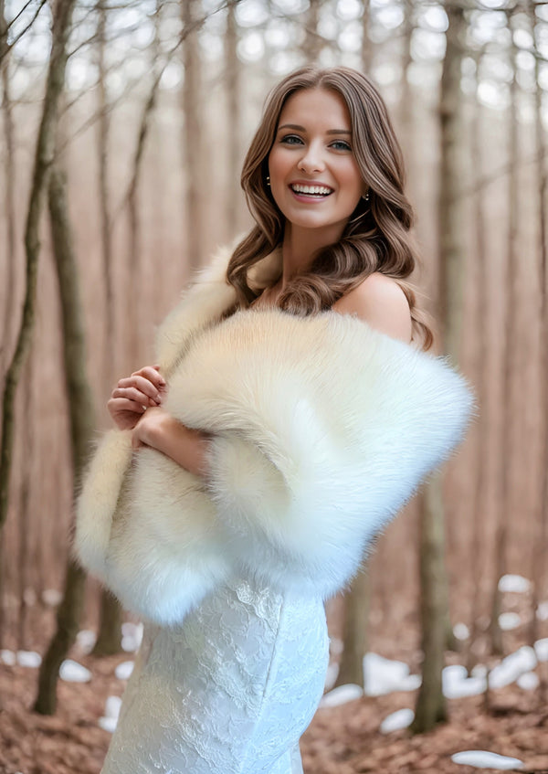 Ivory with Black Faux Fur Shawl (Lilian Wht03)