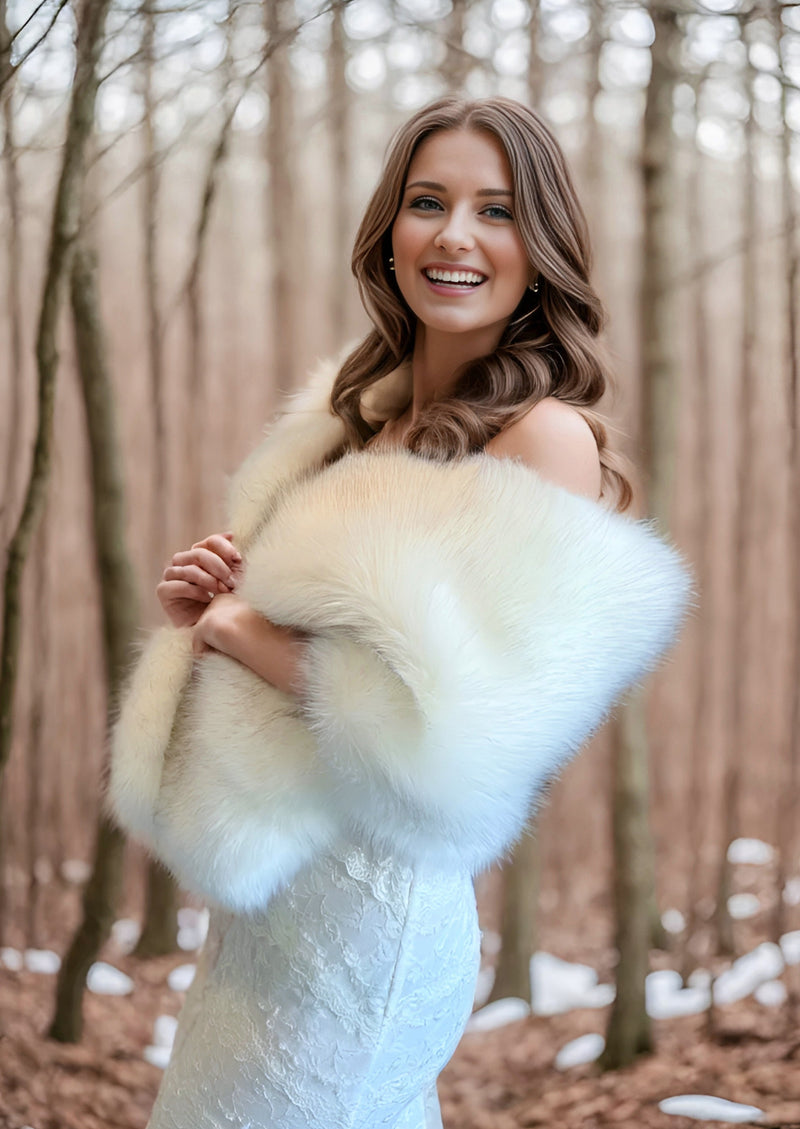 Ivory with Black Faux Fur Shawl (Lilian Wht03) – Sissily Designs