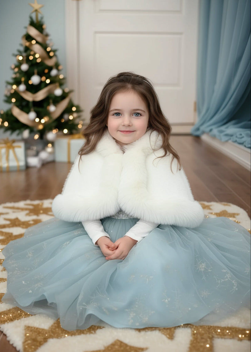 Ivory / White Faux Fur Flower girl Cape Shawl Stole Coat (Amy Wht01)