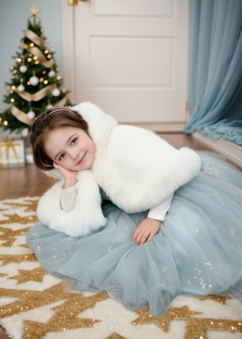 Ivory / White Faux Fur Flower girl Cape Shawl Stole Coat (Amy Wht01)