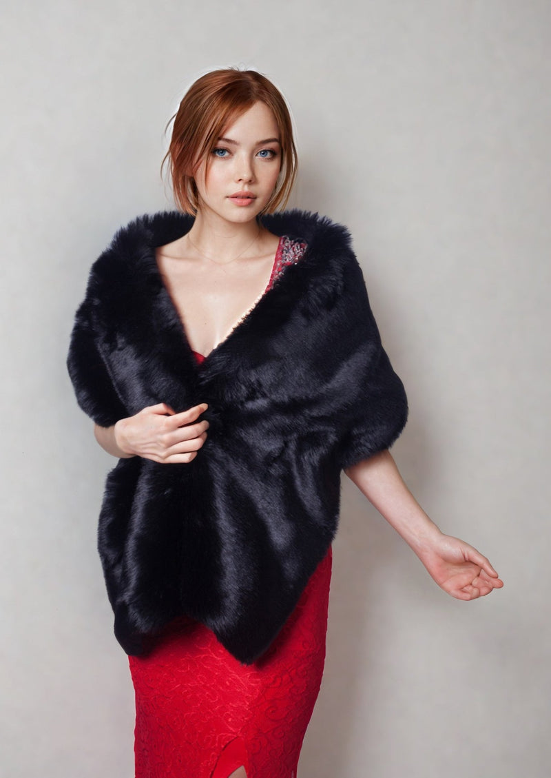 Black Wedding / Bridal Faux Fur Shawl (Lilian Blk07)