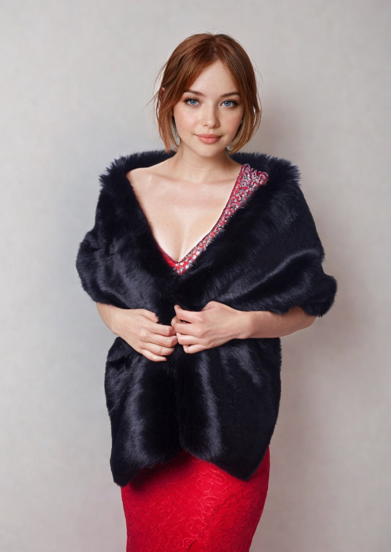 Black Wedding / Bridal Faux Fur Shawl (Lilian Blk07)