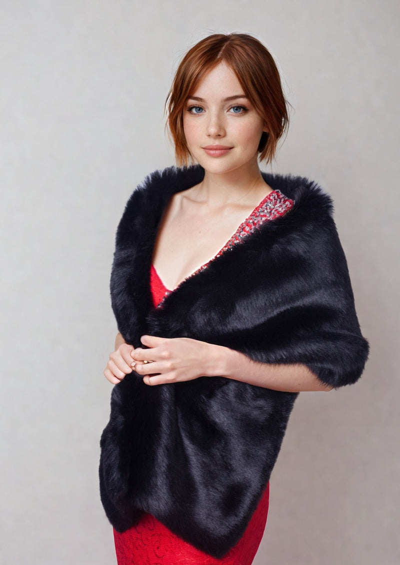 Black Wedding / Bridal Faux Fur Shawl (Lilian Blk07)