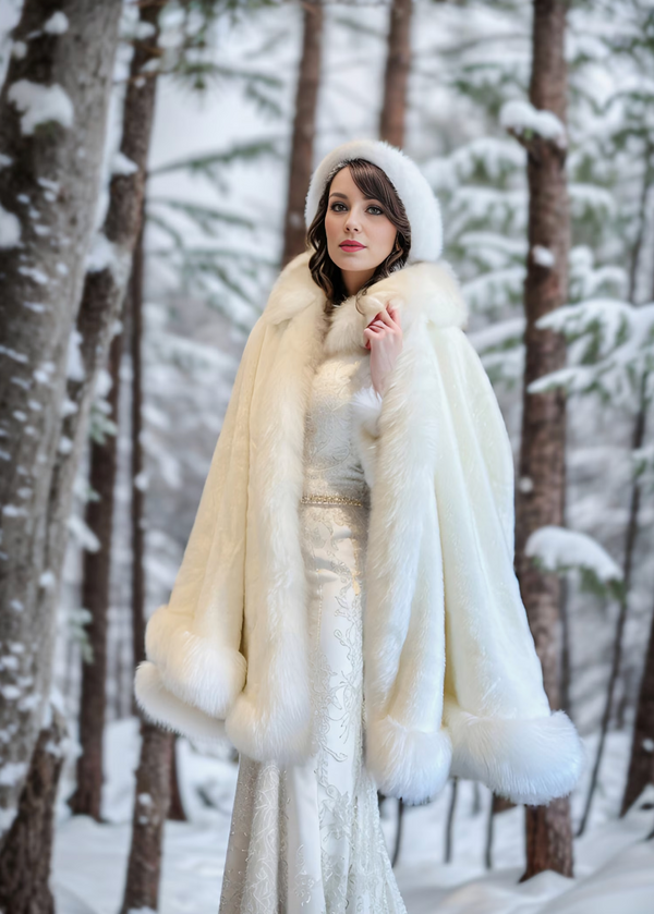 Super Warm Faux Fur Bridal Cape, Christmas Fur Cape, Wedding Fur Wrap, Bridal Faux Fur Stole Fur Shawl (OSJennifer Wht01)