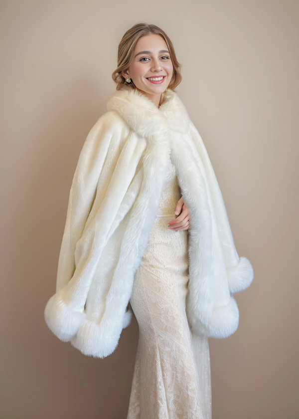 Super Warm Faux Fur Bridal Cape, Christmas Fur Cape, Wedding Fur Wrap, Bridal Faux Fur Stole Fur Shawl (OSJennifer Wht01)