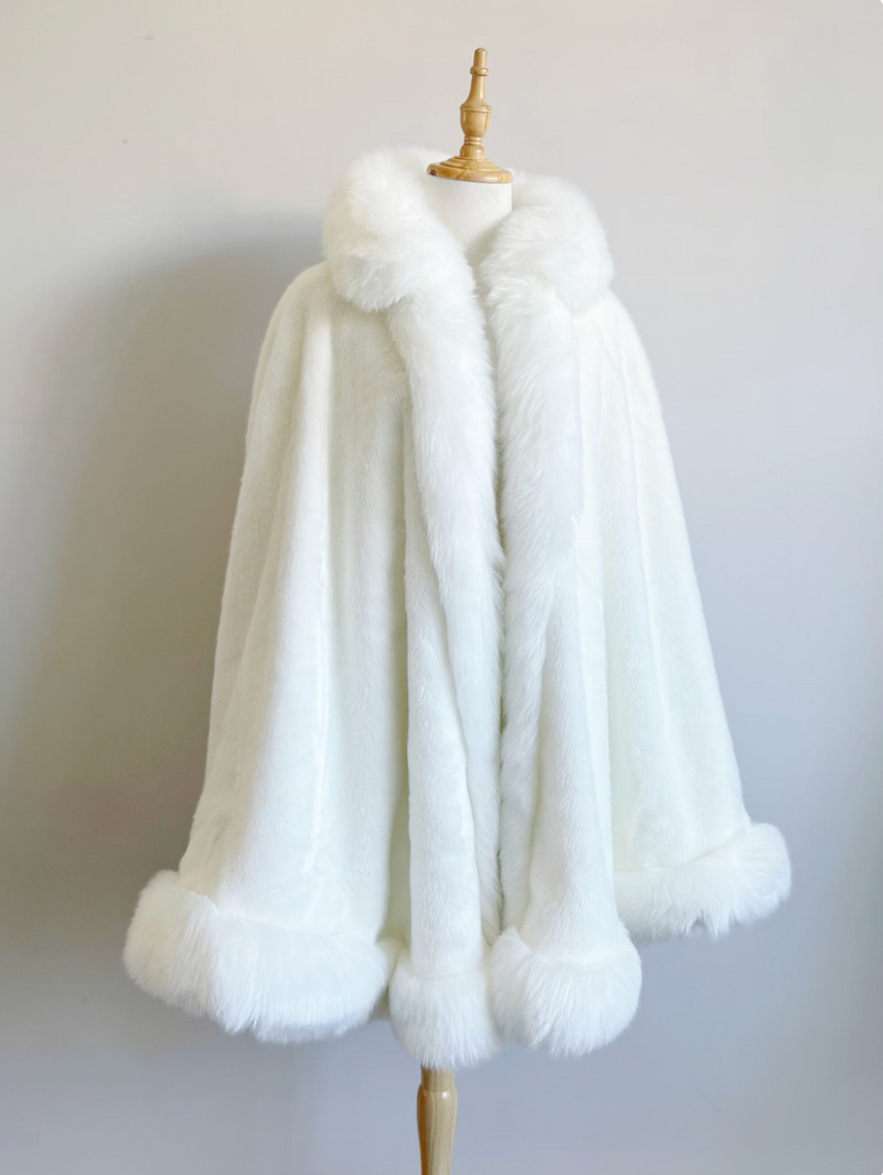 Super Warm Faux Fur Bridal Cape, Christmas Fur Cape, Wedding Fur Wrap, Bridal Faux Fur Stole Fur Shawl (OSJennifer Wht01)