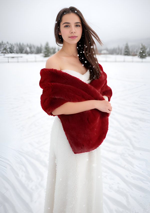 Red Bridal Fur Shawl with Fleece Lining (Audrey Red05)