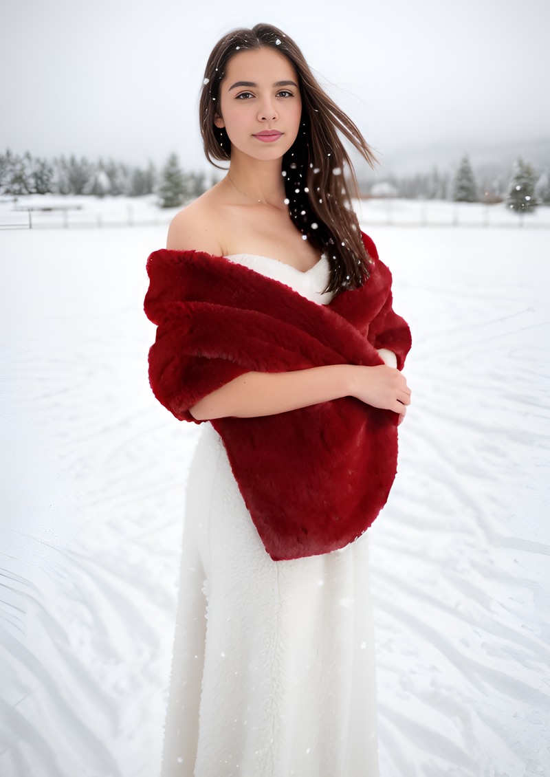 Red Bridal Fur Shawl with Fleece Lining (Audrey Win05)