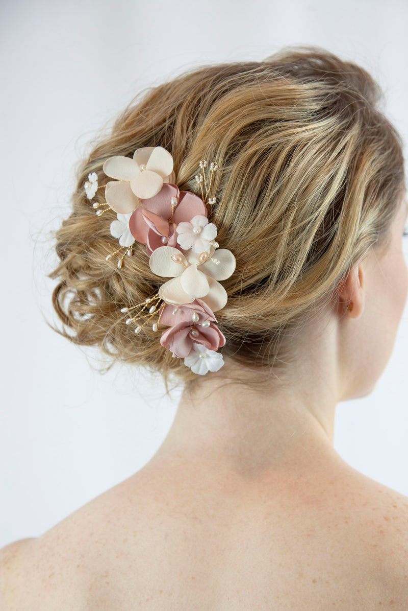 Bridal Pink Flower Hair Clip with Pearls