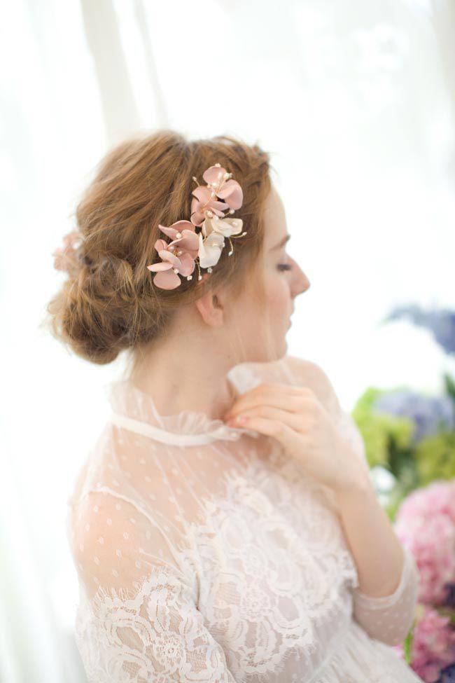Bridal Pink Flower Hair Clip with Pearls