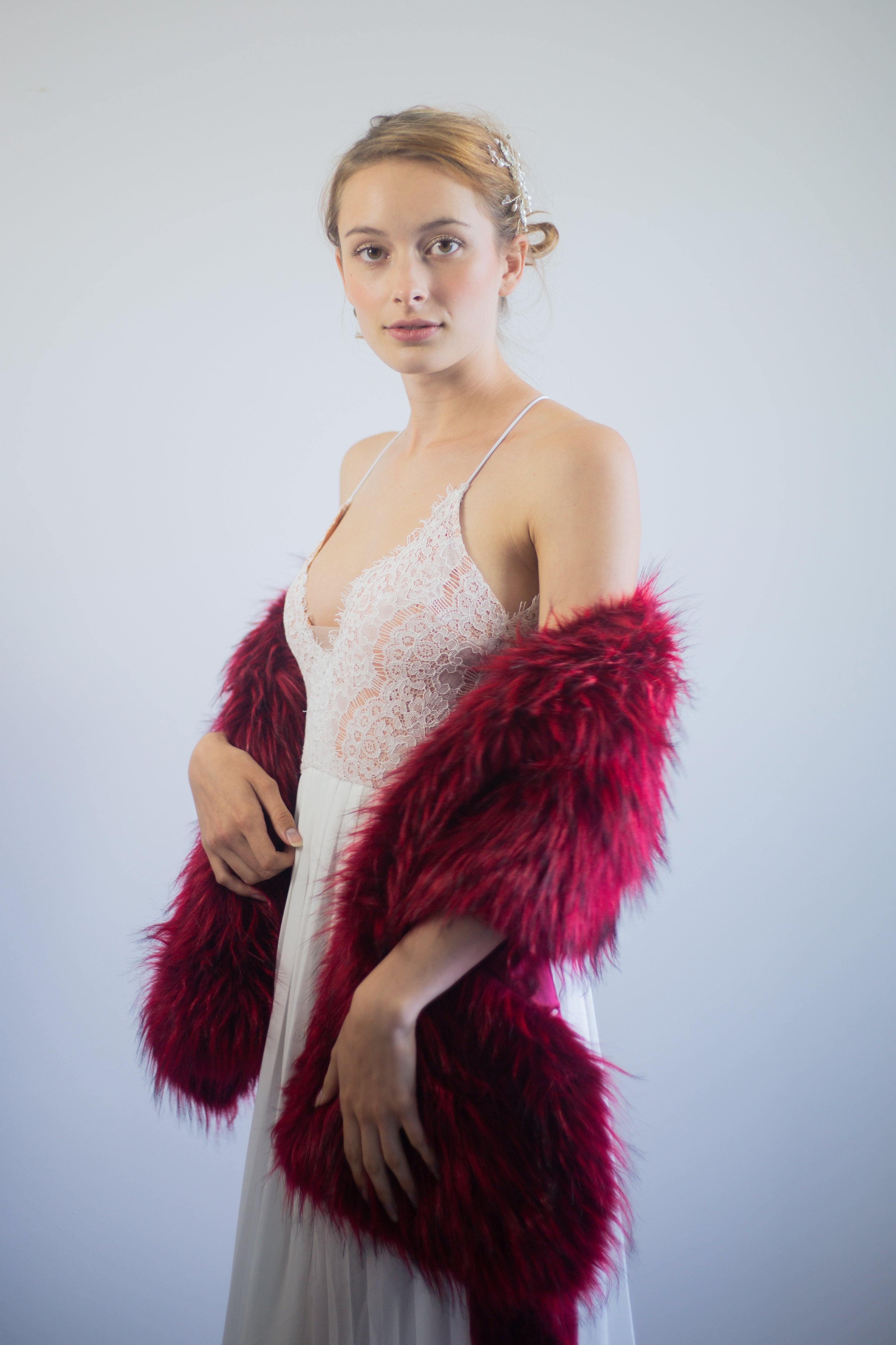 fur shawl with red dress