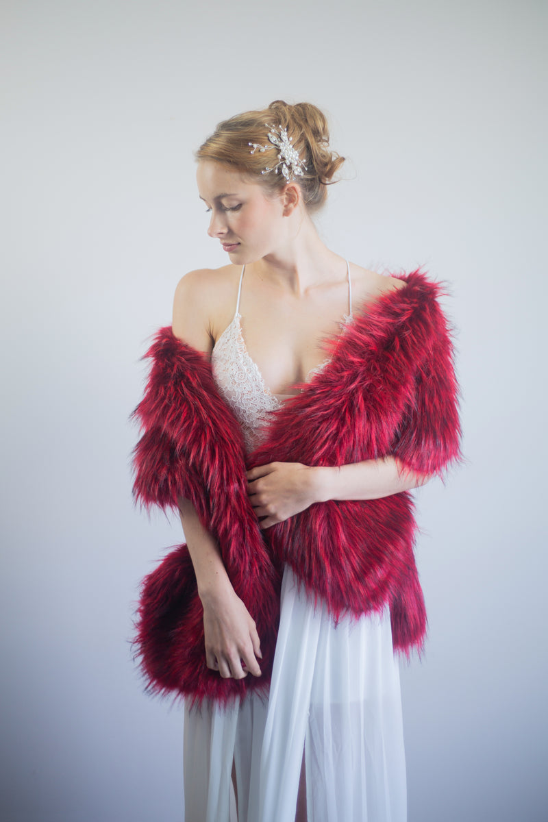 fur shawl with red dress