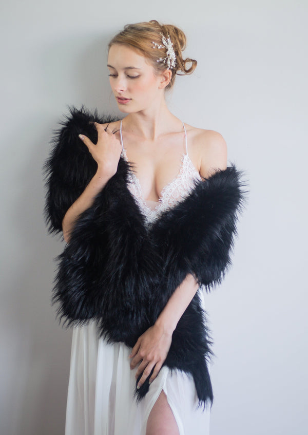 Black Wedding / Bridal Faux Fur Shawl (Lilian Blk03)