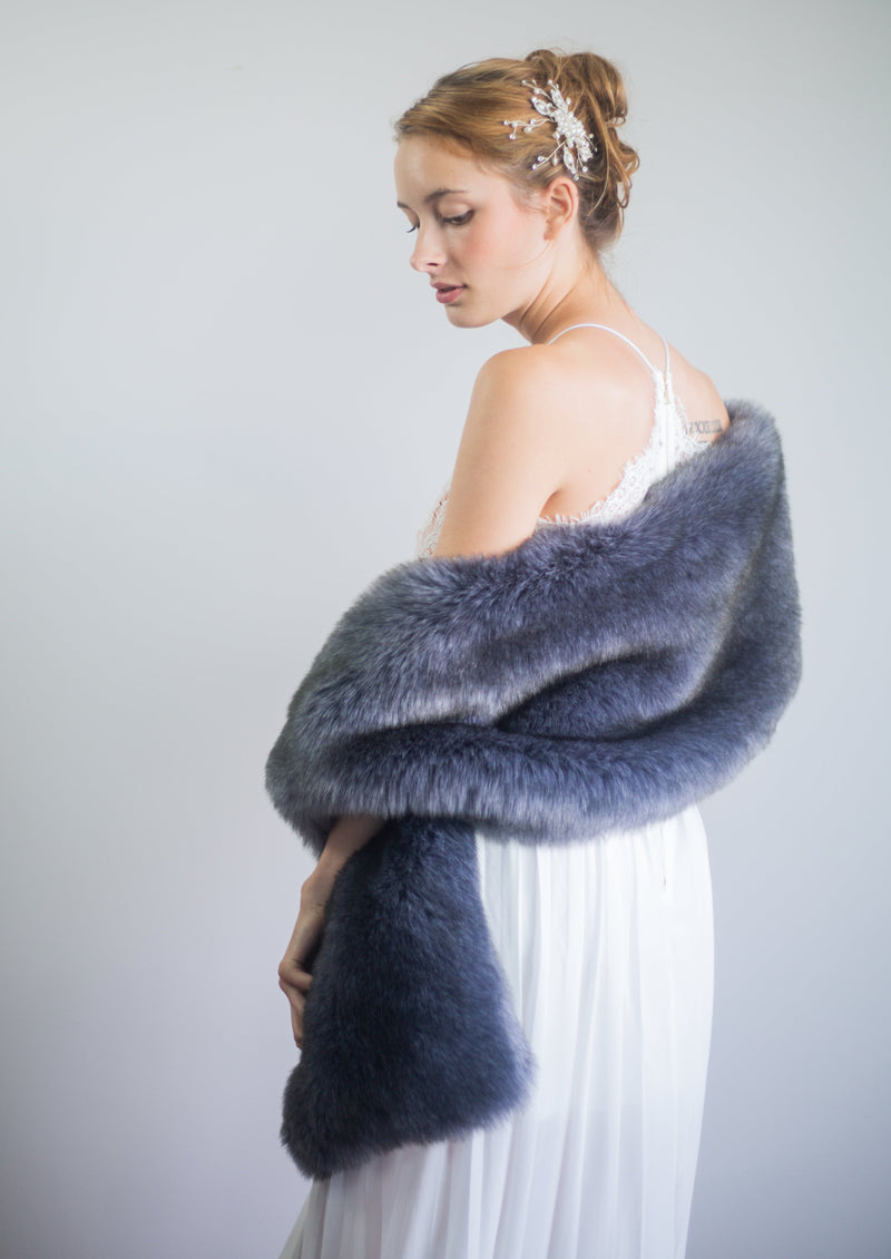 Dark Blue / Gray Faux Fur Shawl (Lilian DGry01)