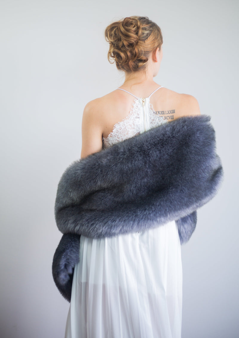 Dark Blue / Gray Faux Fur Shawl (Lilian DGry01)