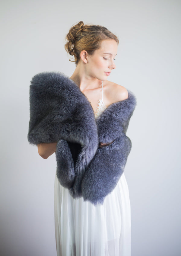 Dark Blue / Gray Faux Fur Shawl (Lilian DGry01)