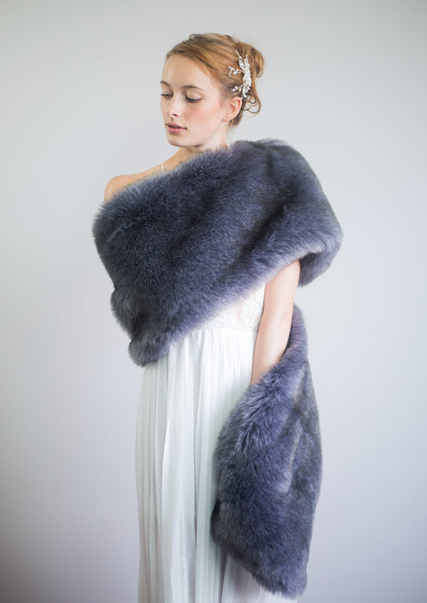 Dark Blue / Gray Faux Fur Shawl (Lilian DGry01)