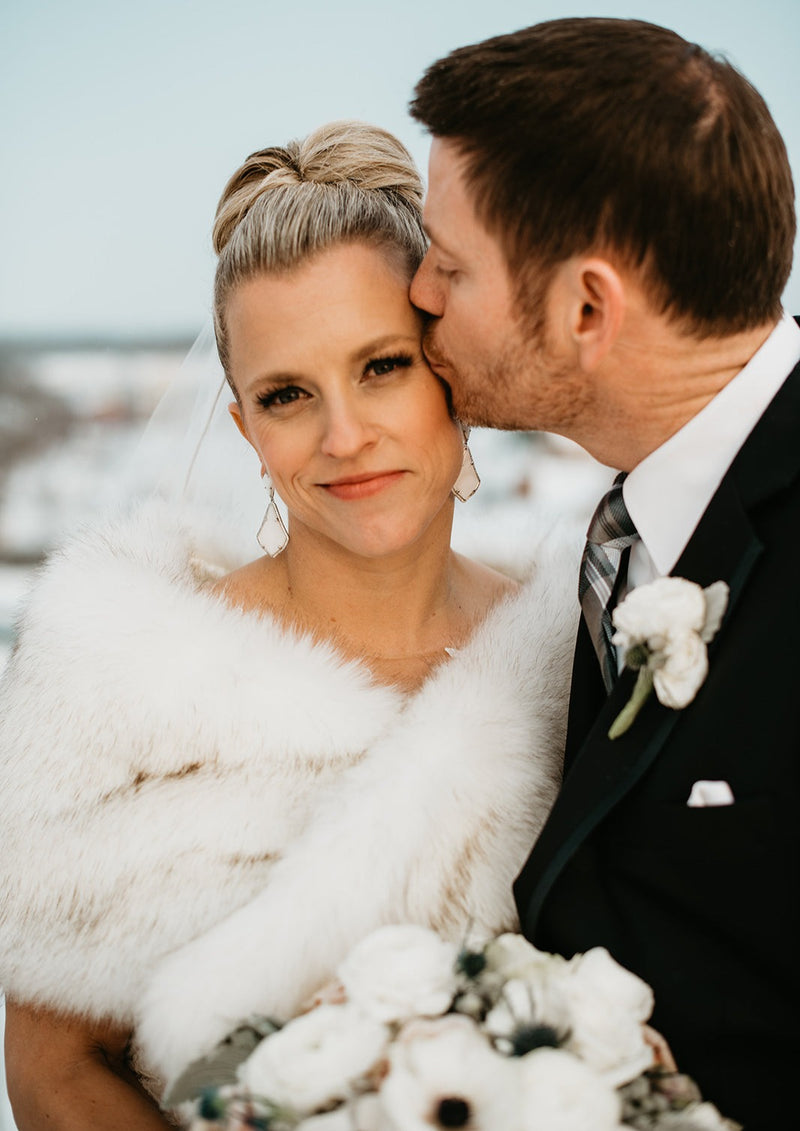 Ivory with Black Tips Bridal Fur Shawl (Lilian Wht03)