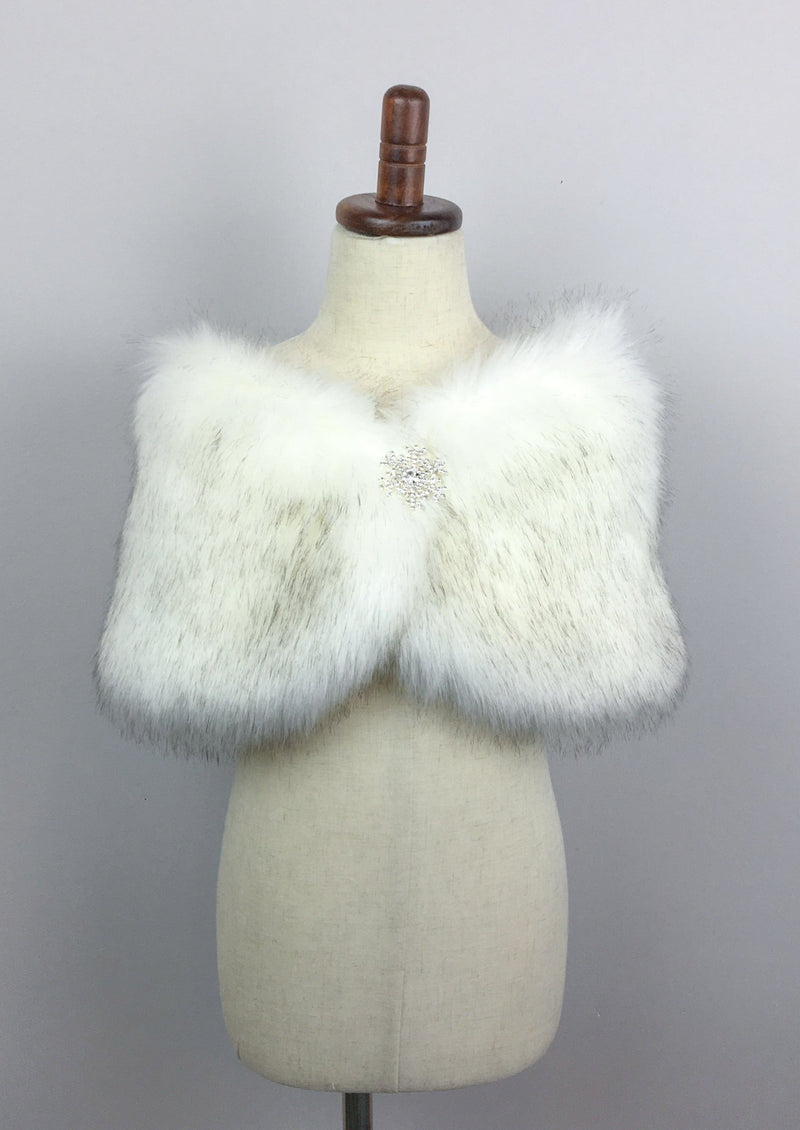 Ivory with Black Flower Girl / Junior Bridesmaid Fur Shawl (Kid Wht03)